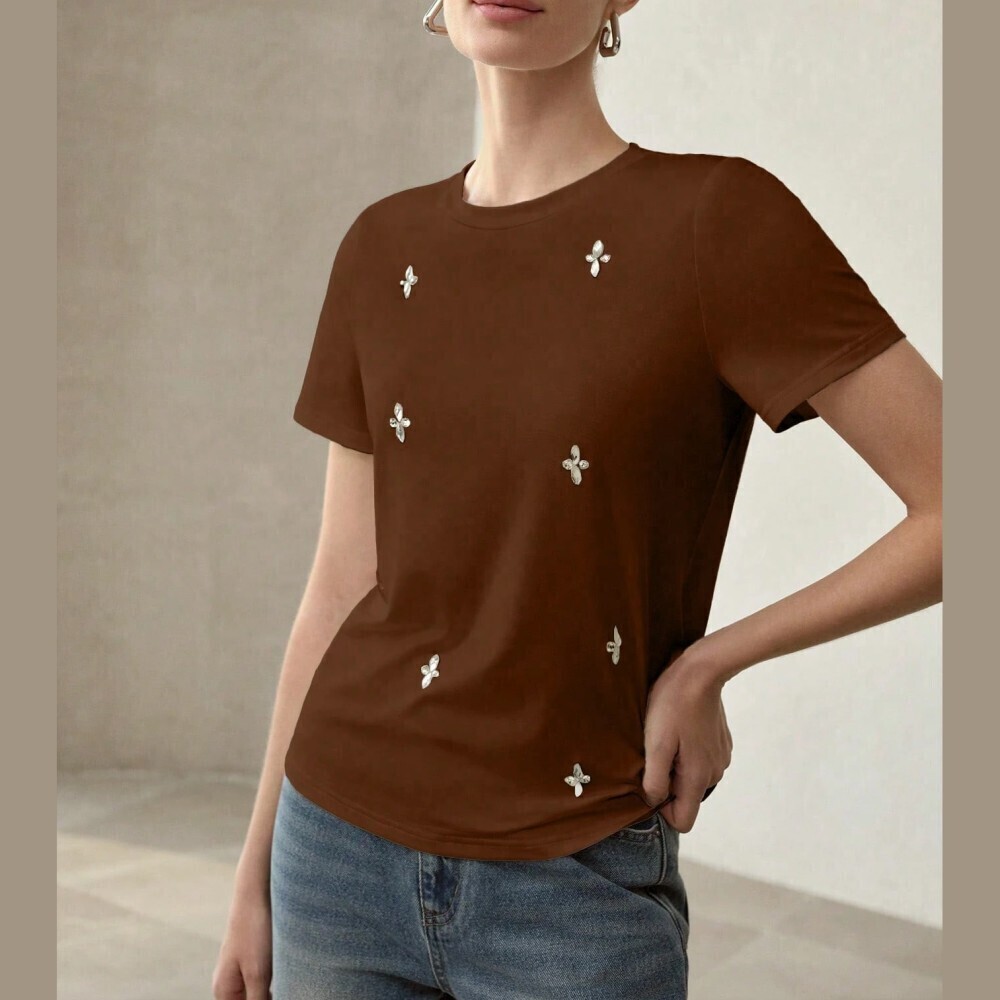 Brown Scattered Floral Hardware Round Neck Short Sleeve T-Shirt